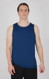 Men's navy blue muscle tank with wide armholes and crew neckline.