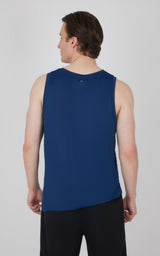 Men's muscle tank in solid deep blue with a round neck and racerback design.