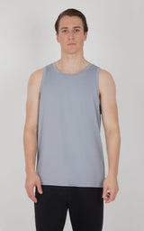 Men's sleeveless muscle tank in muted gray with a relaxed fit and crew neckline.
