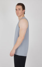 Men's sleeveless muscle tank in light gray with a relaxed fit and crew neckline.