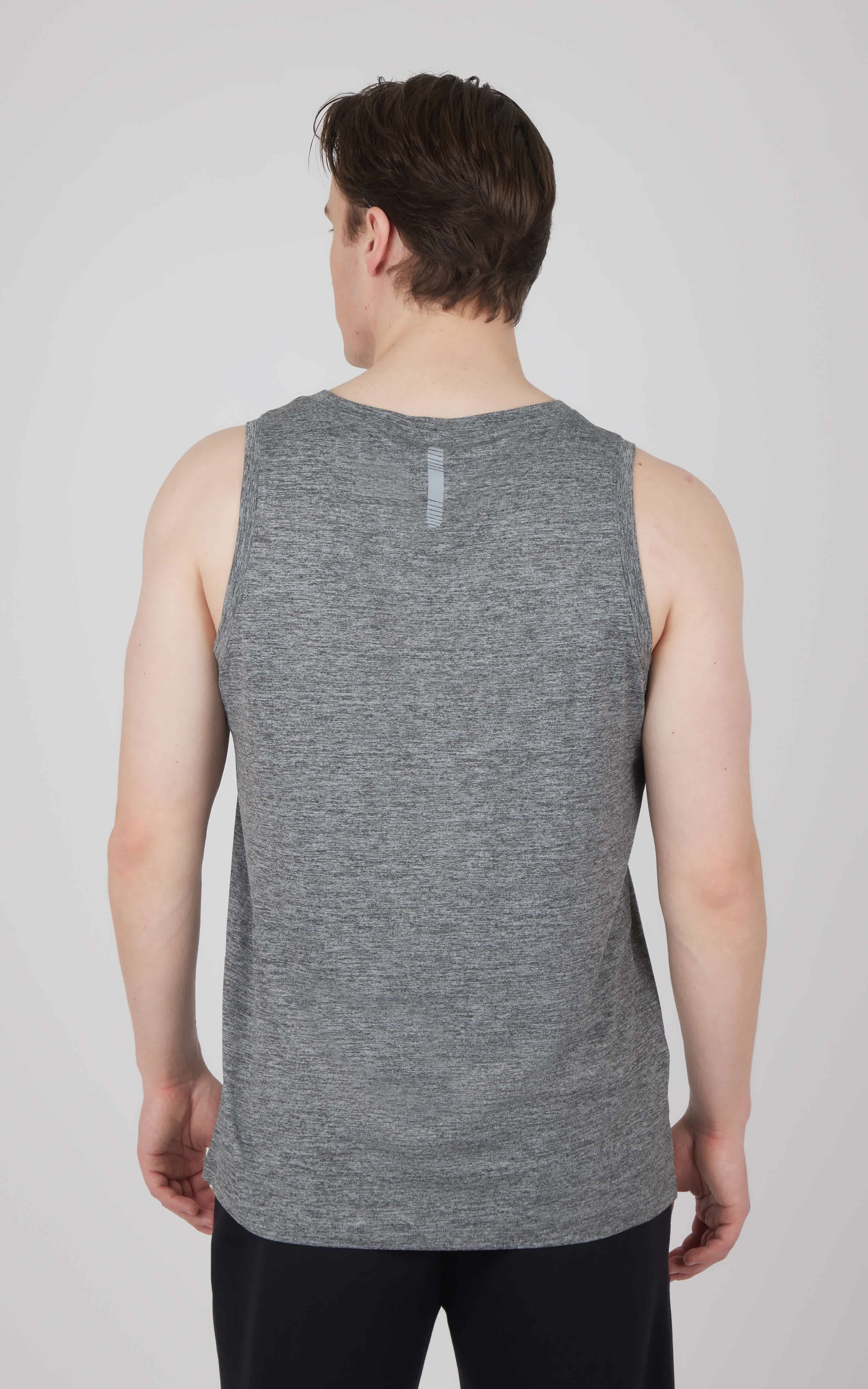 Men's charcoal gray heather muscle tank with a subtle two-tone texture, sleeveless design.