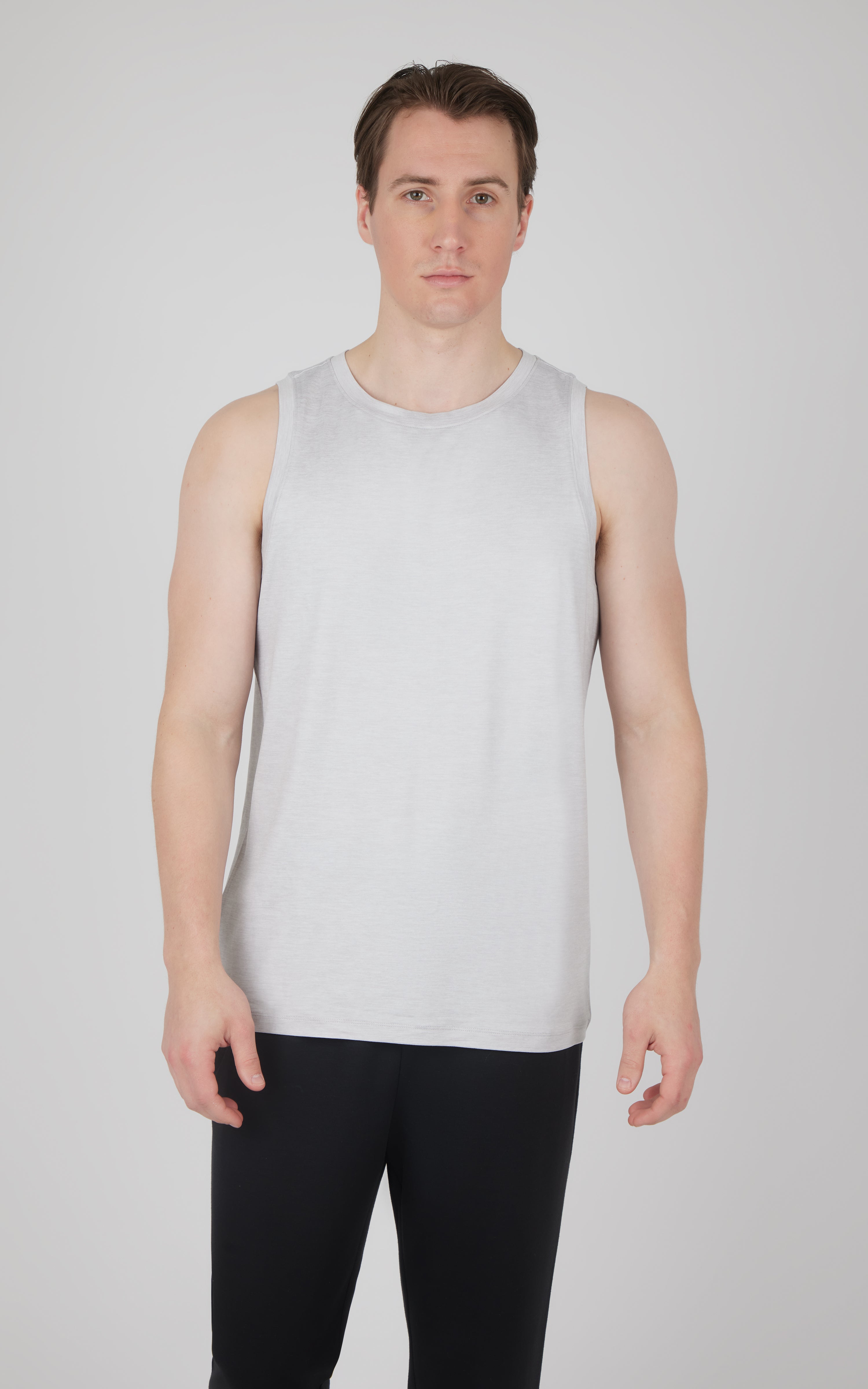 Men's light gray heather muscle tank with a relaxed fit and sleeveless design.