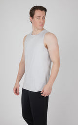 Men's light gray heather muscle tank with a crew neck and relaxed fit.