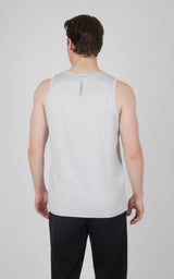 Men's light gray heather muscle tank with sleeveless cut and small vertical reflective detail on upper back.