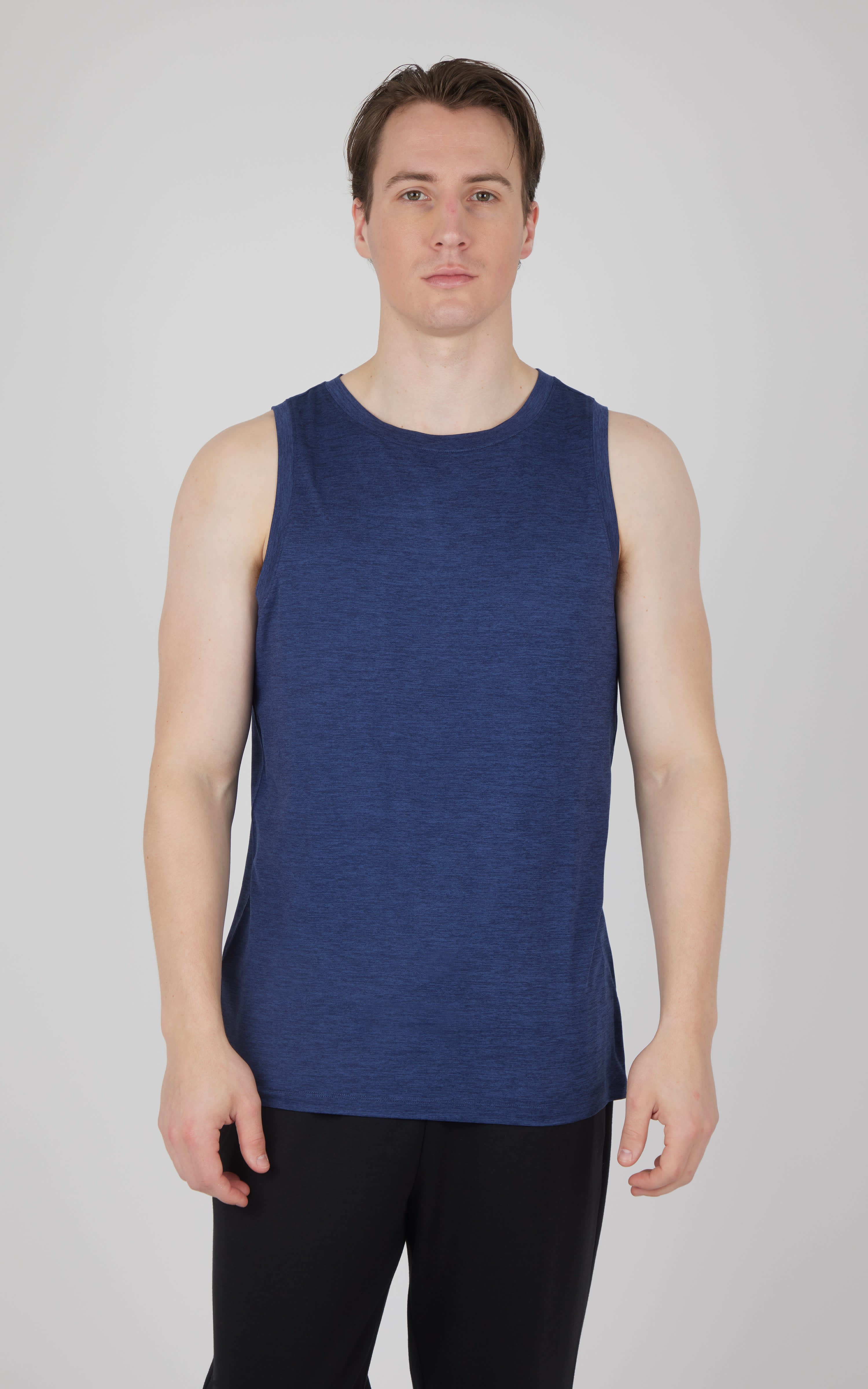 Men's sleeveless muscle tank in heathered navy blue with a smooth, lightweight fabric and crew neckline.