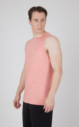 Men’s sleeveless muscle tank in two-tone heathered coral pink with a relaxed fit.