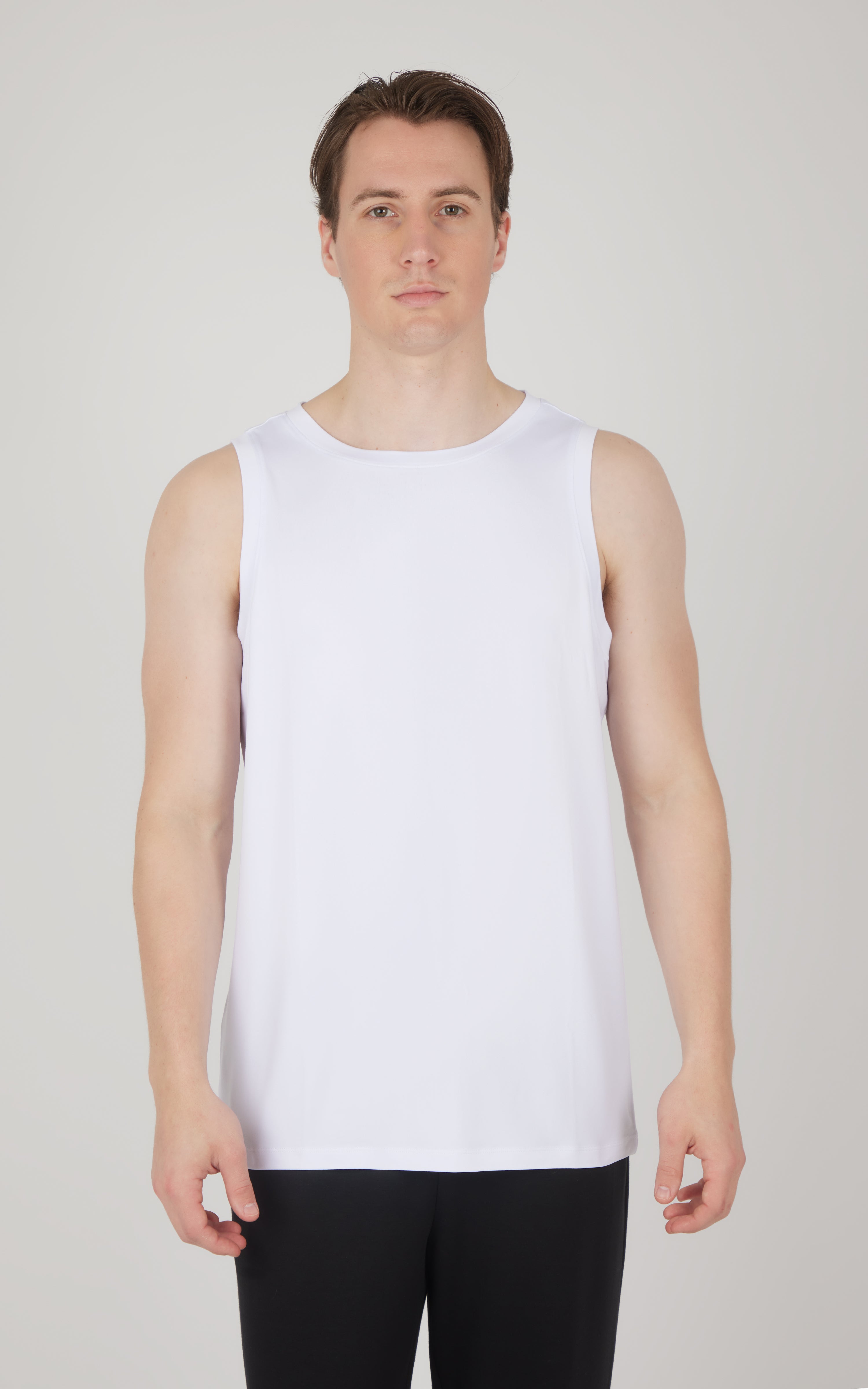 White men's sleeveless muscle tank with a relaxed fit and crew neckline.