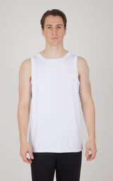 White men's sleeveless muscle tank with a relaxed fit and crew neckline.
