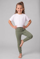 Olive green high-waist jogger leggings for girls with cuffed ankles and a fitted silhouette.