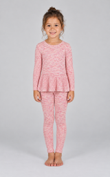 Girl wearing a pink ribbed space-dye set with a long-sleeve peplum top and ankle-length leggings.