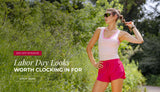 Athlete in a pink set standing in front of a green bush, promoting 20% off sitewide for Labor Day Looks worth clocking in for. Shop now 