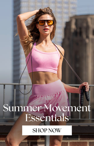 Woman in pink athletic wear with a jump rope against a cityscape background, promoting 