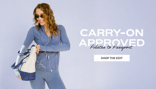 Woman in athletic wear holding a bag with text 