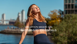 Woman in athletic wear by a waterfront with text overlay promoting travel essentials.