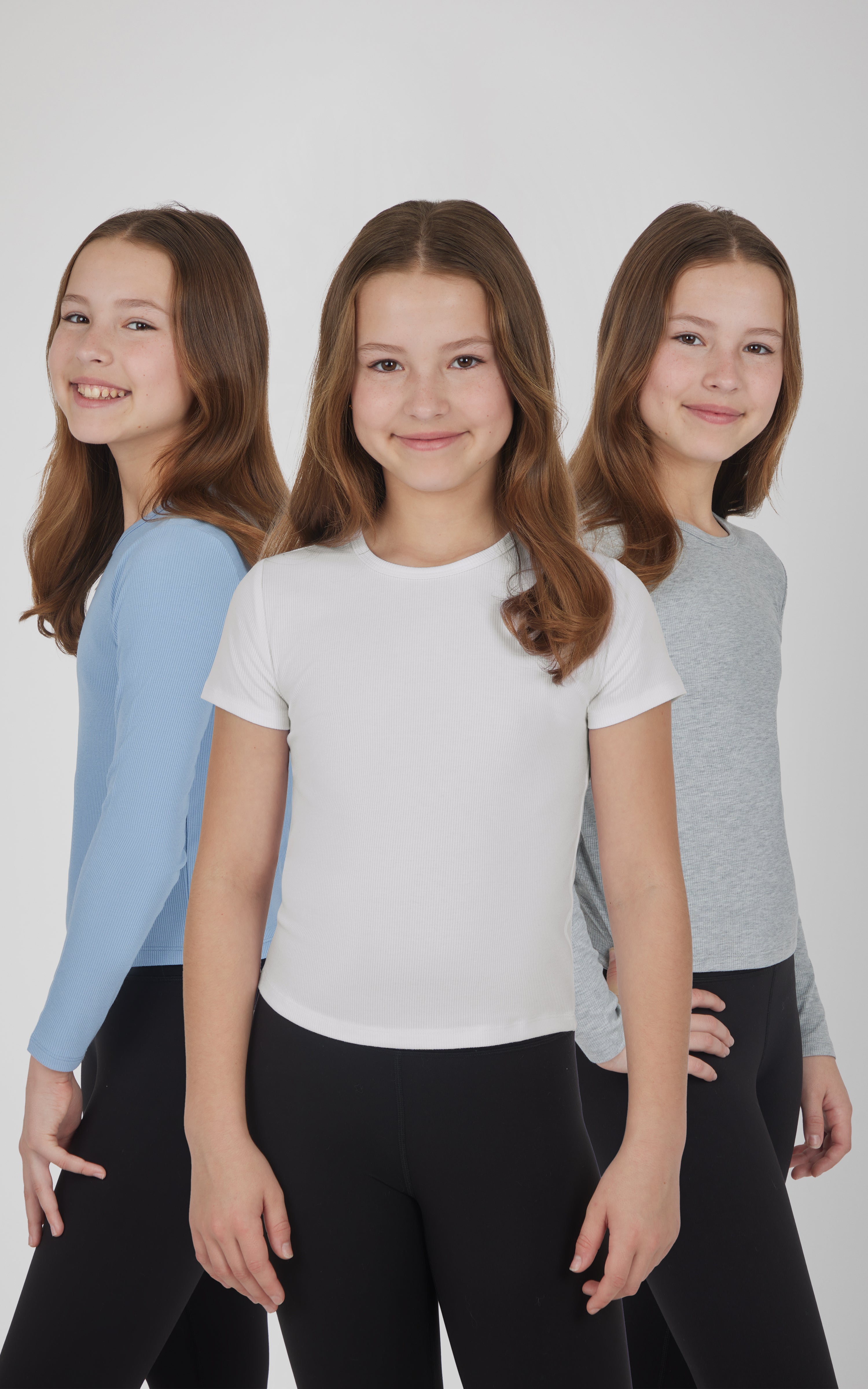 Girls 3 PK Ribbed Crew Neck Short Sleeve Shirt + Ribbed Crew Neck Long Sleeve Shirt - 90 Degree by Reflex