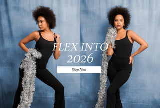 A girl in a black jumpsuit holding a tinsel 
FLEX INTO 2026 Shop Now