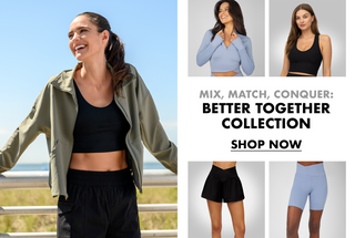 Mix, match, conquer: better together collection. shop now. Woman wearing jacket, woman wearing black top, black shorts, and blue shorts