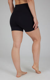 Black 5-inch luxe biker shorts with high waist, smooth fabric, and fitted silhouette.