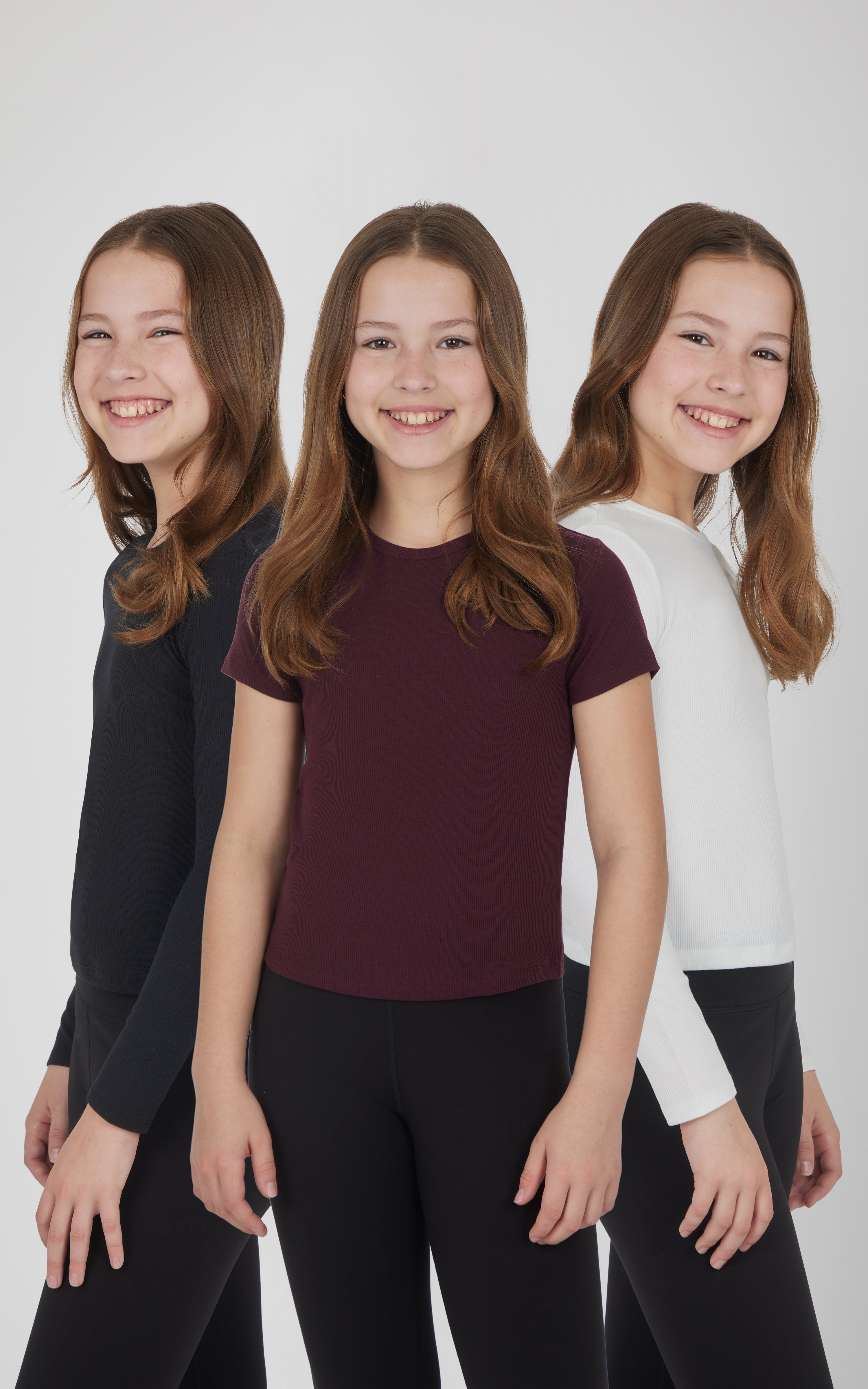 Girls 3 PK Ribbed Crew Neck Short Sleeve Shirt + Ribbed Crew Neck Long Sleeve Shirt - 90 Degree by Reflex