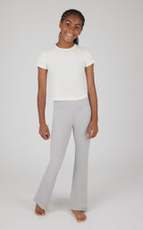 Light gray high waist flare pants for girls with a fitted silhouette.