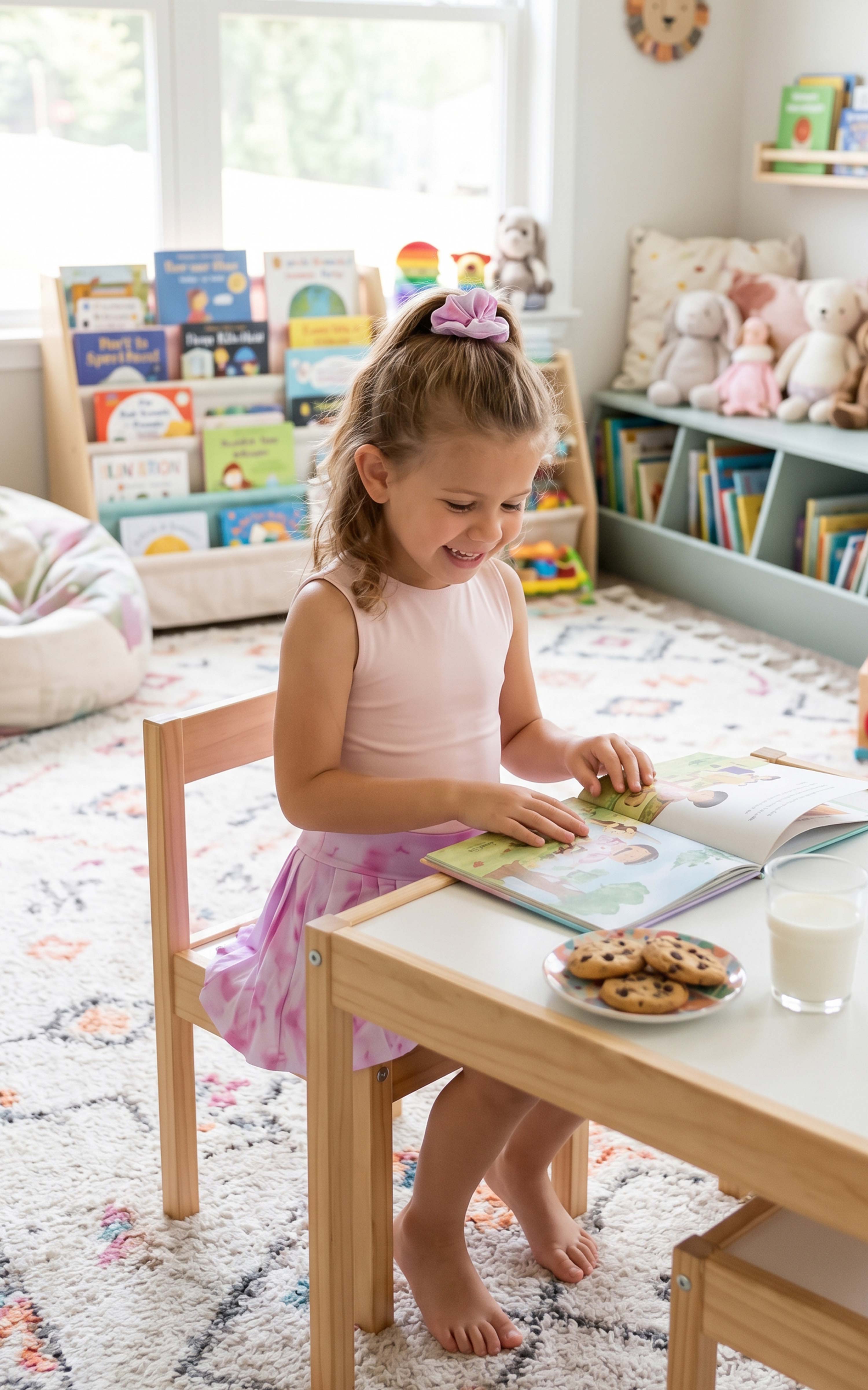 Little girl wearing a pink sleeveless tank and matching pleated skort, seated at a table with a pink scrunchie in her hair.