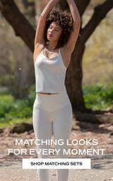 Woman in athletic wear stretching outdoors "Matching Looks for Every Moment Shop Matching Sets"