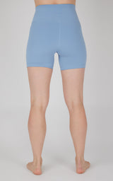 Light blue fitted 5-inch classic bike shorts with a high waistband, back view.