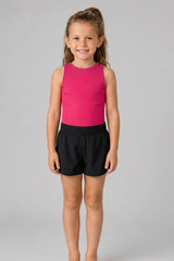 Bright pink ribbed tank top with sleeveless design on a girl model.