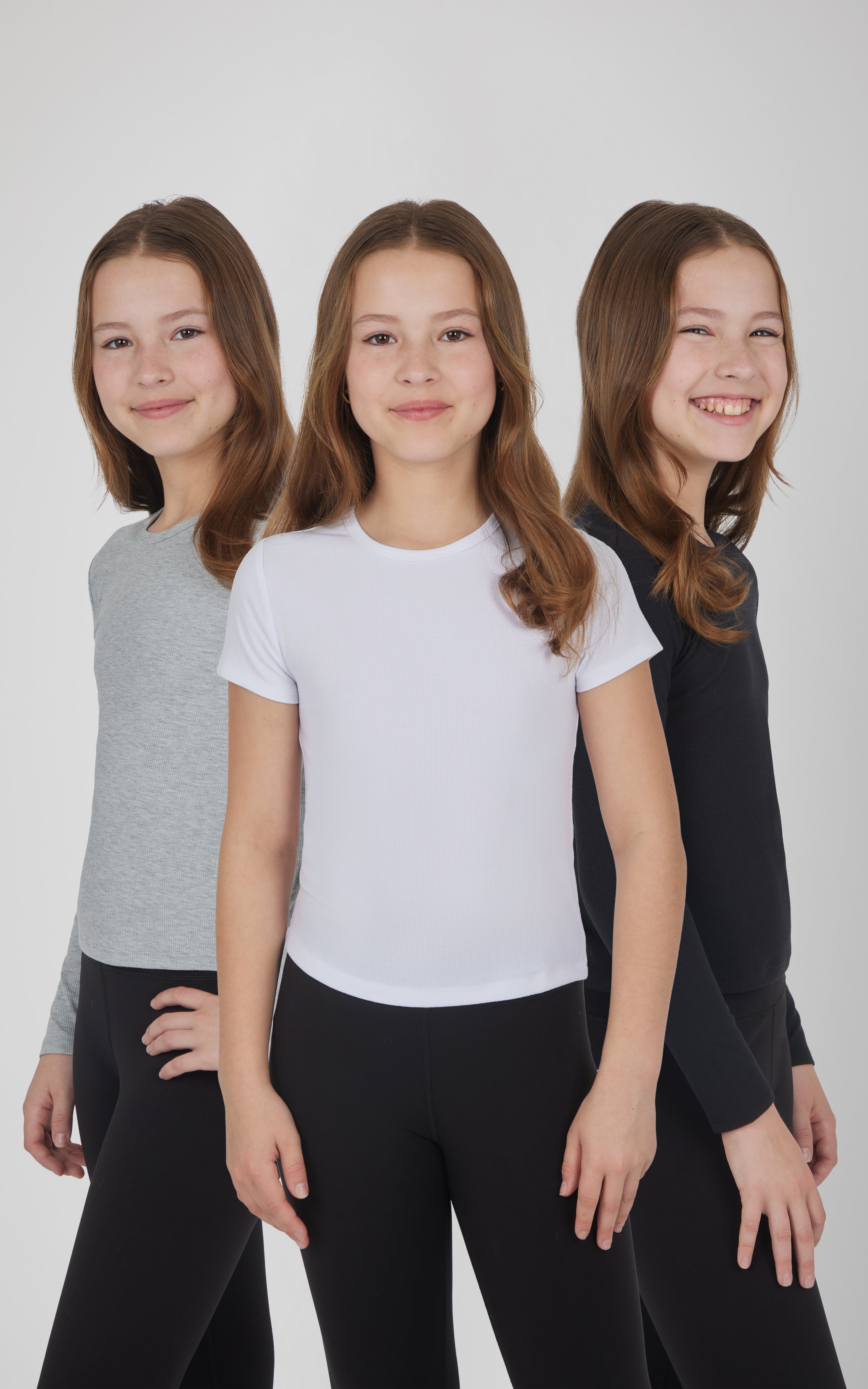 Girls 3 PK Ribbed Crew Neck Short Sleeve Shirt + Ribbed Crew Neck Long Sleeve Shirt - 90 Degree by Reflex