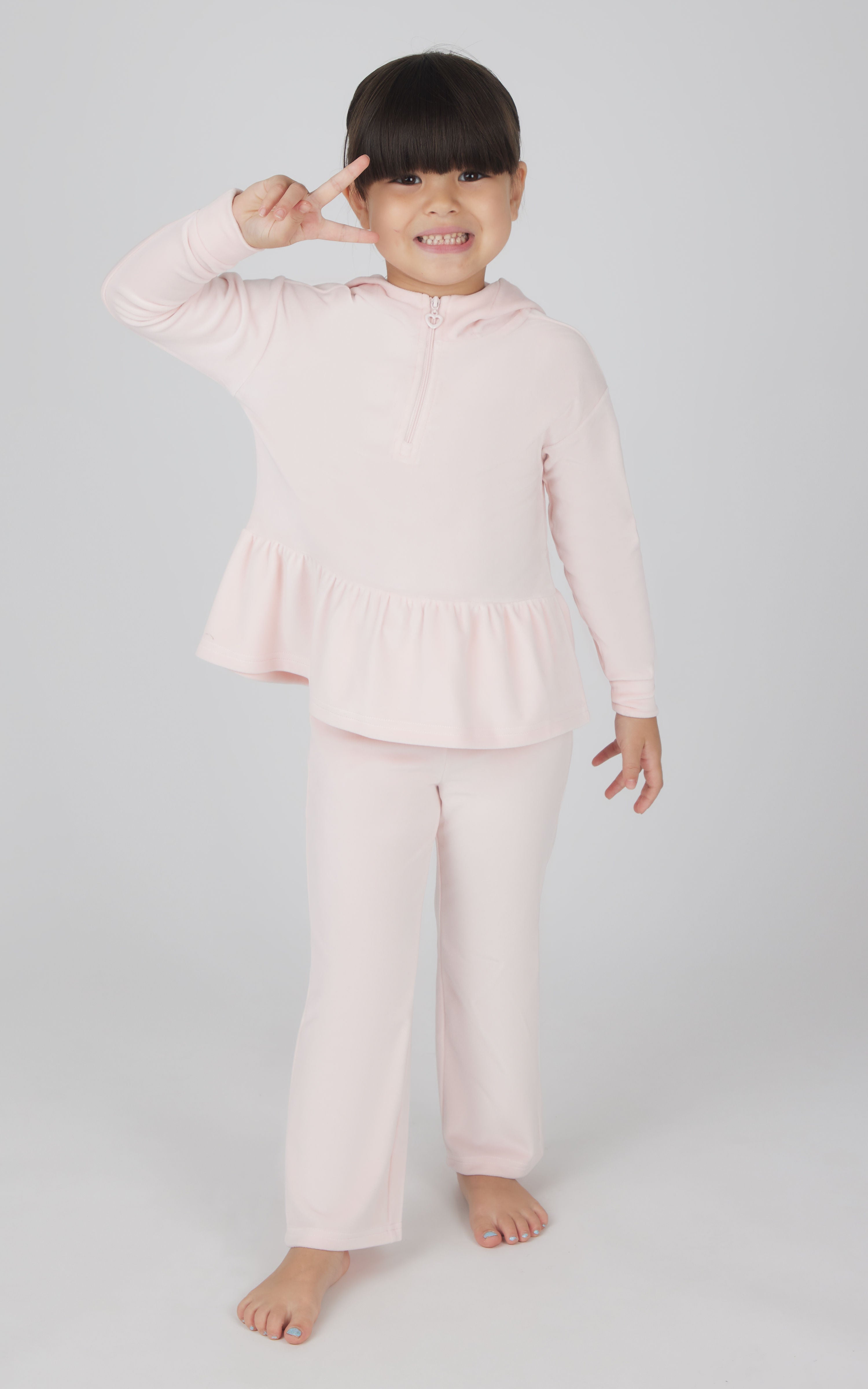 Toddler Girls Velour Peplum Half Zip Hoodie Jacket +  Velour Flare Pant + Scrunchie Set - 90 Degree by Reflex