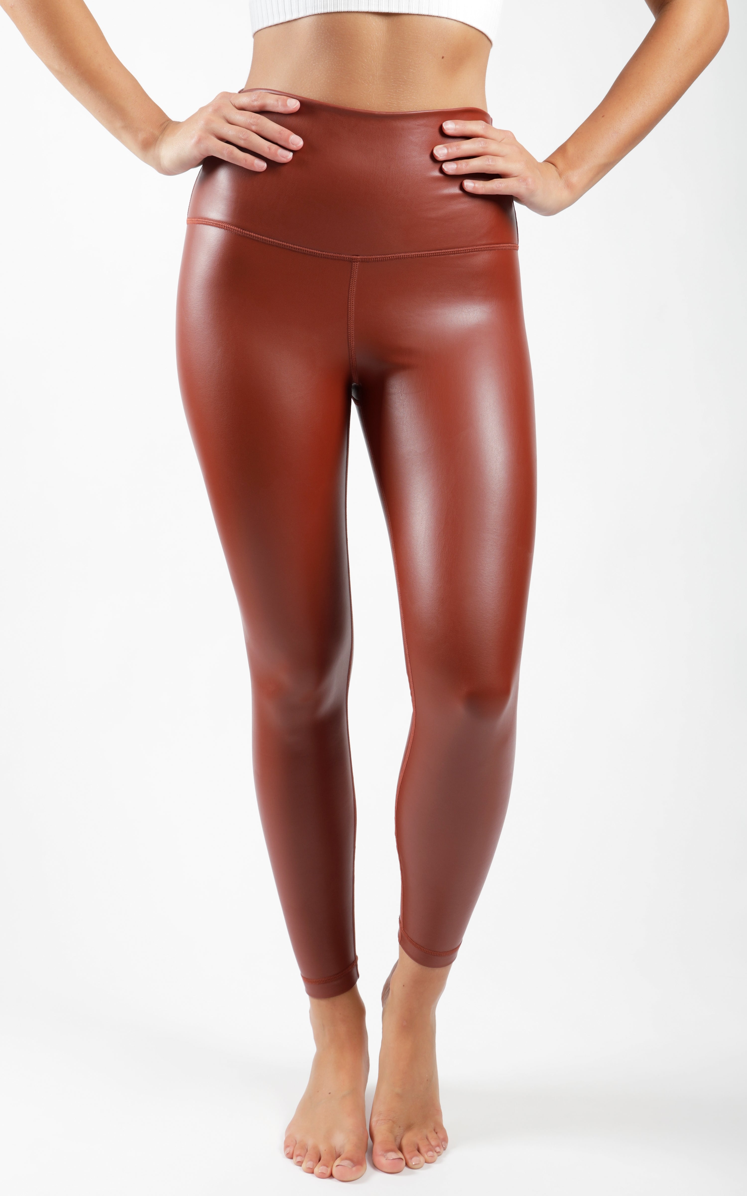 Faux Leather Elastic Free Super High Waist 7/8 Ankle Legging with Brushed Inside