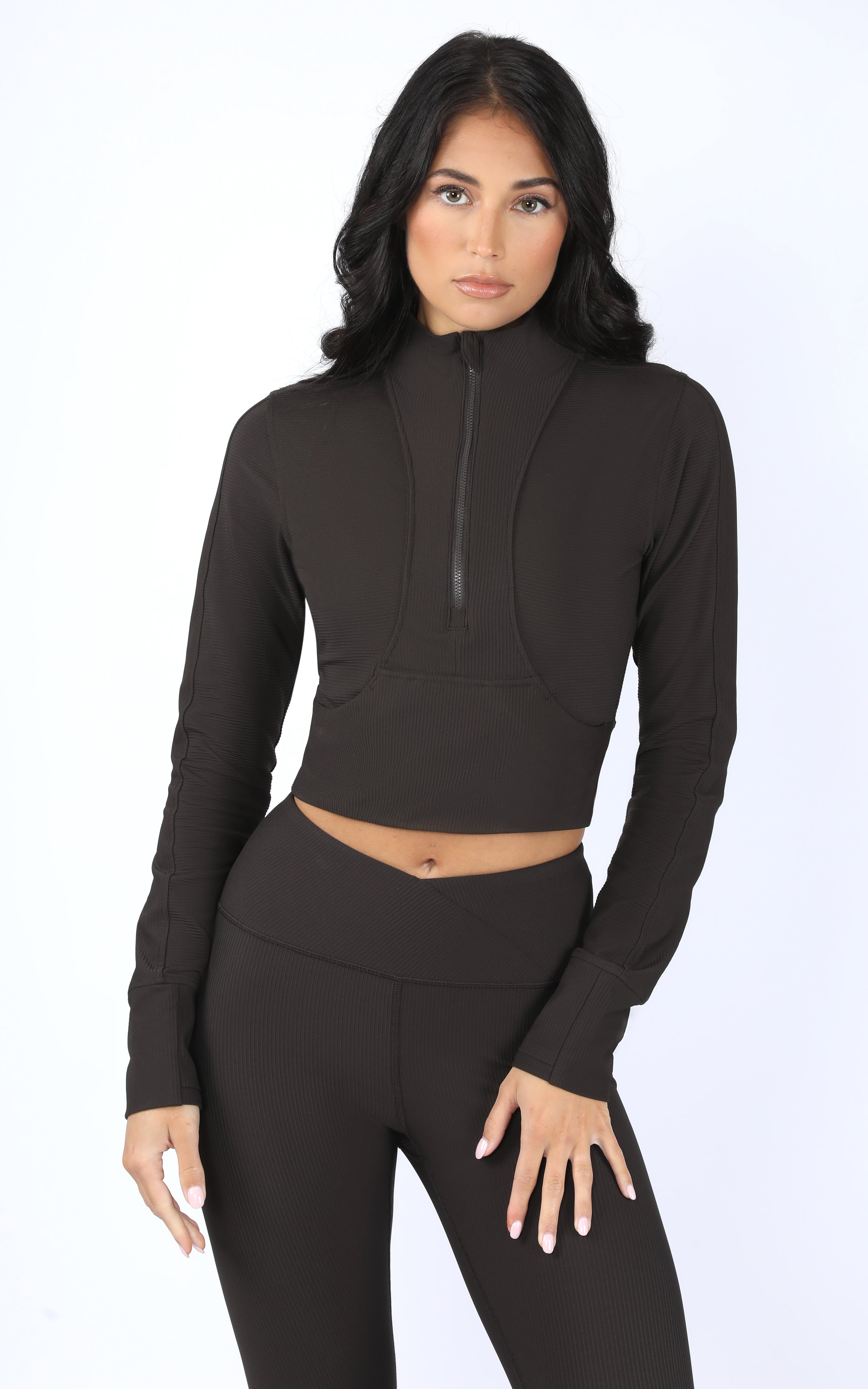Interlink Ribbed Half Zip Long Sleeve Crop Top Jacket - Our Ocean Core Story
