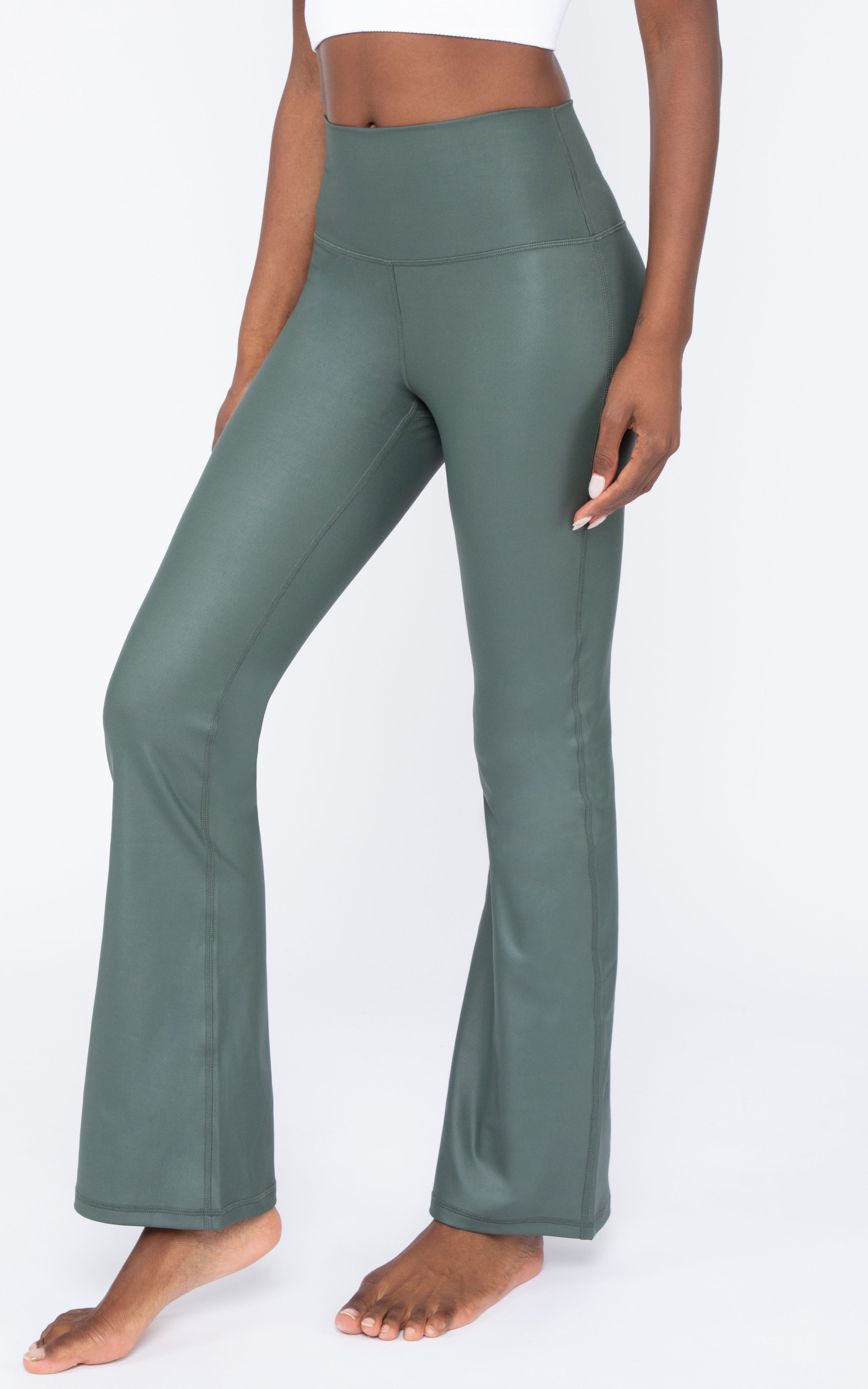 Interlink Faux Leather Elastic Free High Waist V-Back Cire Flare Leg Yoga Pant - Our Earthy Story