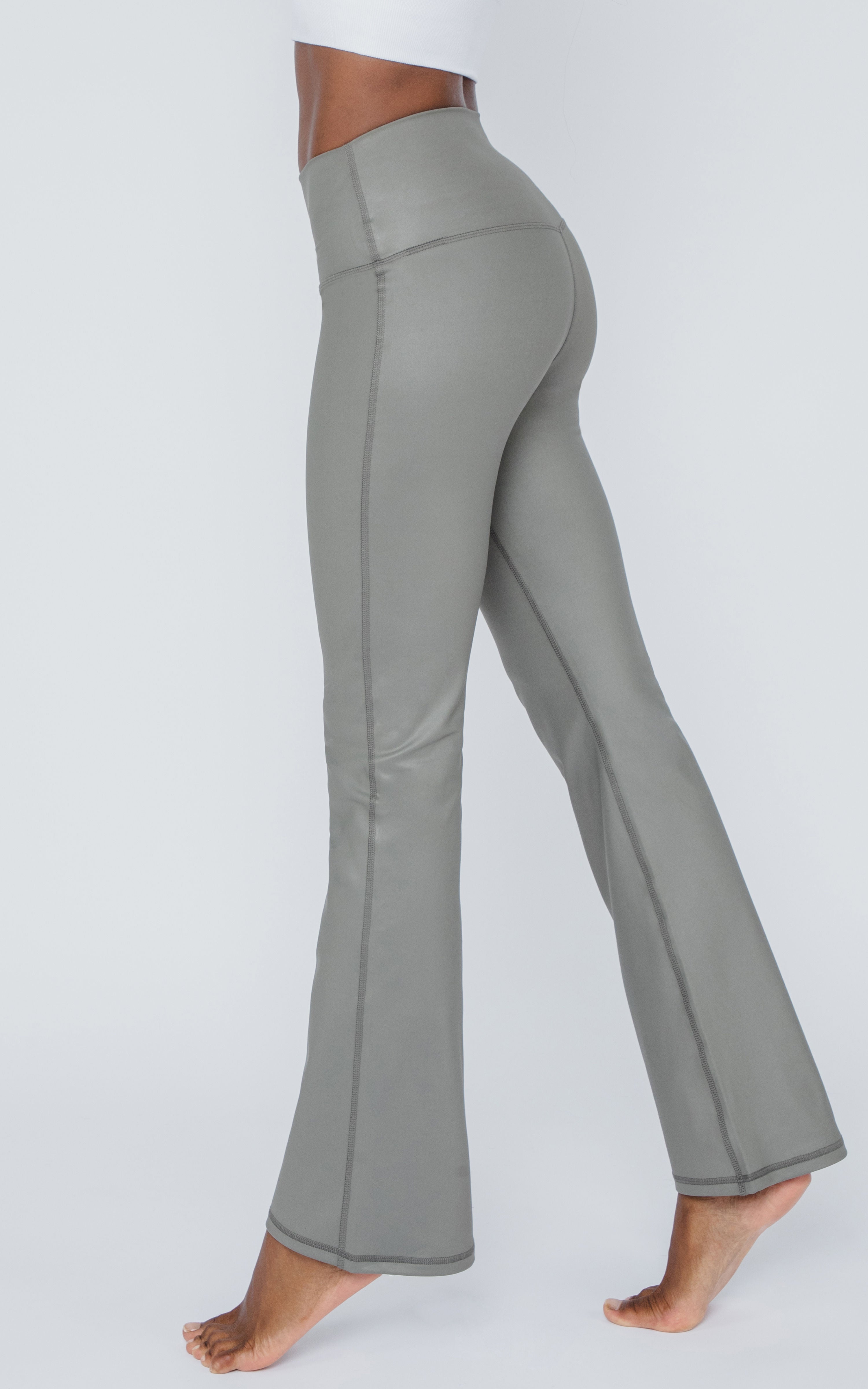 Interlink Faux Leather Elastic Free High Waist V-Back Cire Flare Leg Yoga Pant - Our Earthy Story