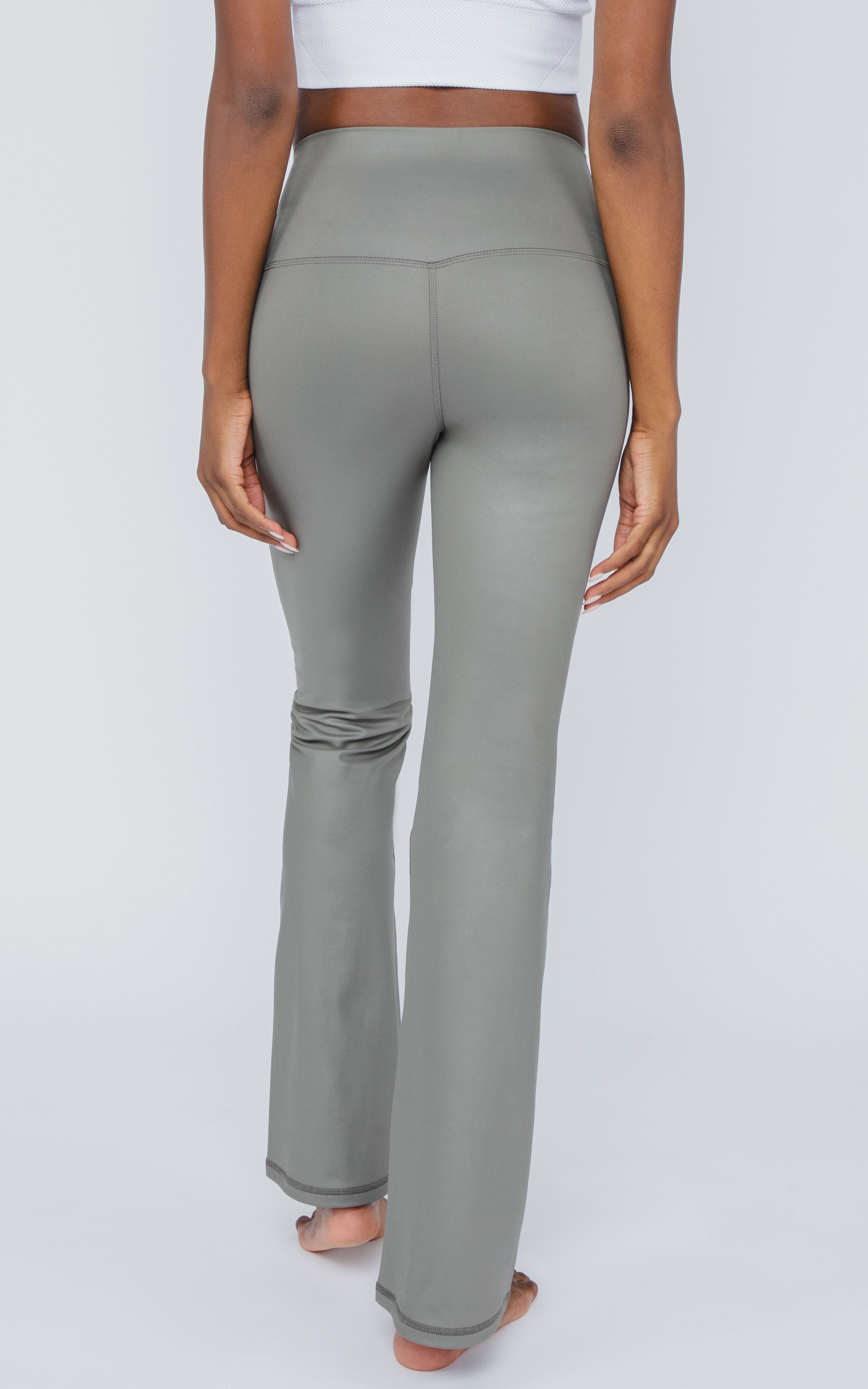 Interlink Faux Leather Elastic Free High Waist V-Back Cire Flare Leg Yoga Pant - Our Earthy Story