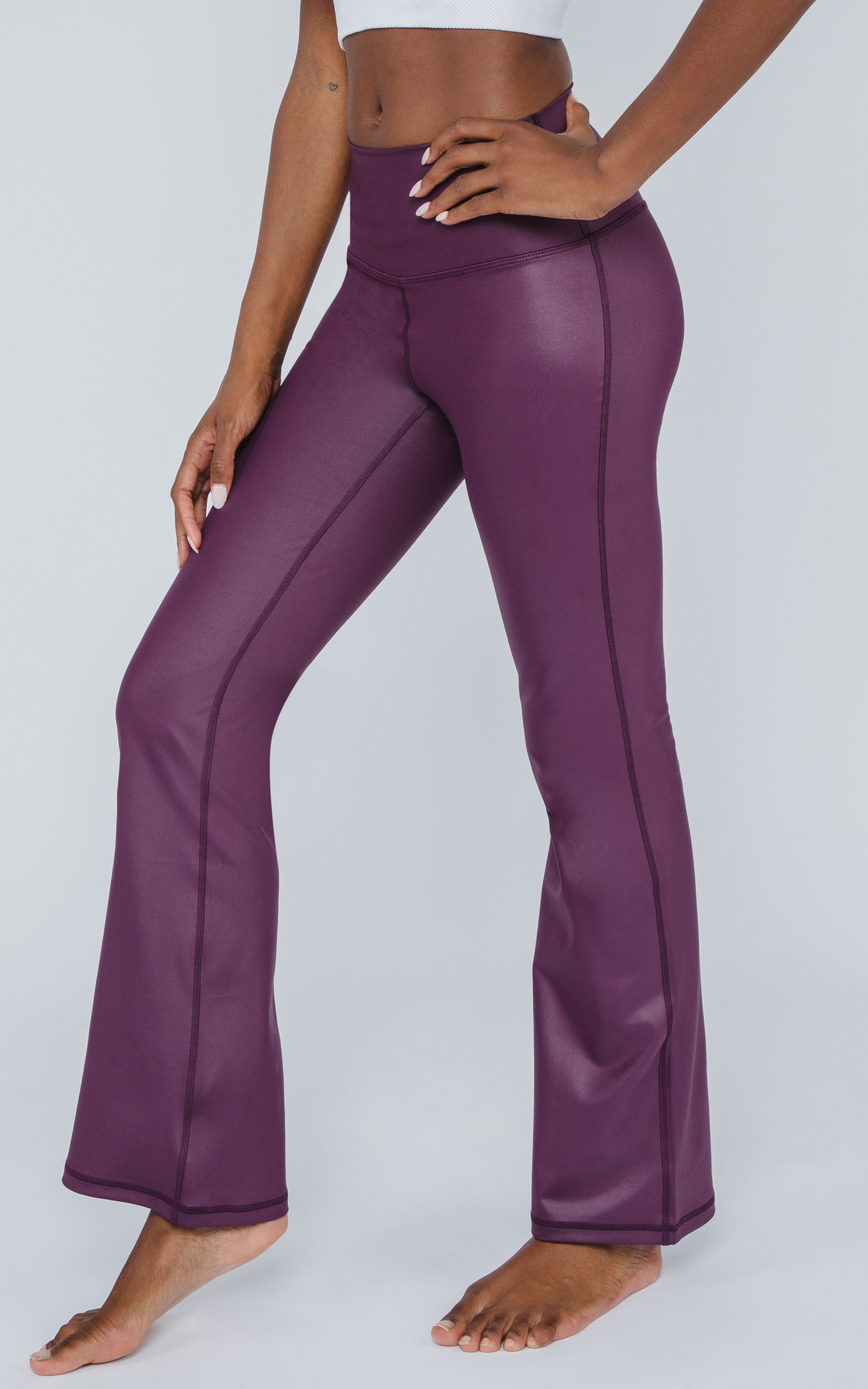 Interlink Faux Leather Elastic Free High Waist V-Back Cire Flare Leg Yoga Pant - Our Earthy Story