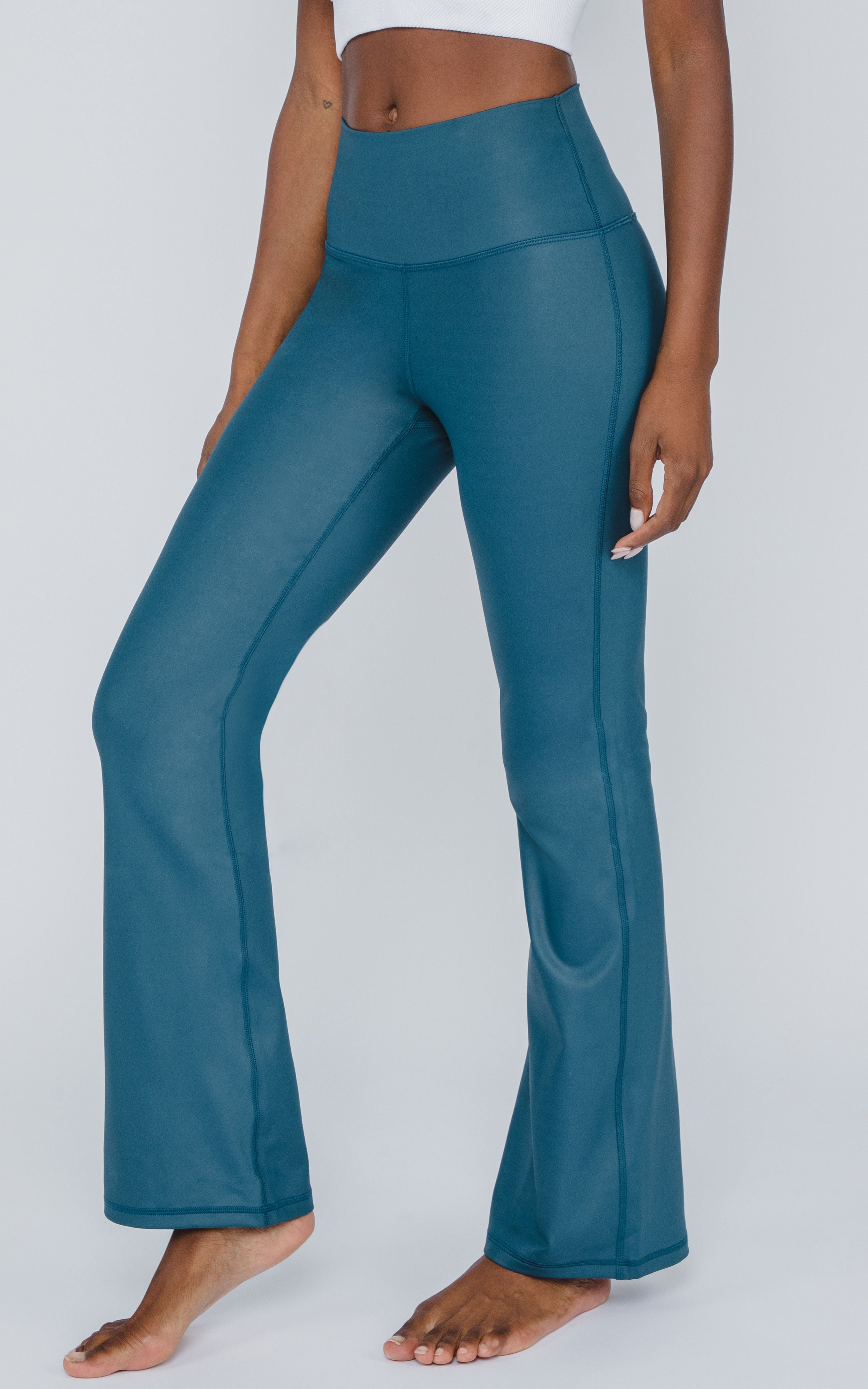 Interlink Faux Leather Elastic Free High Waist V-Back Cire Flare Leg Yoga Pant - Our Earthy Story