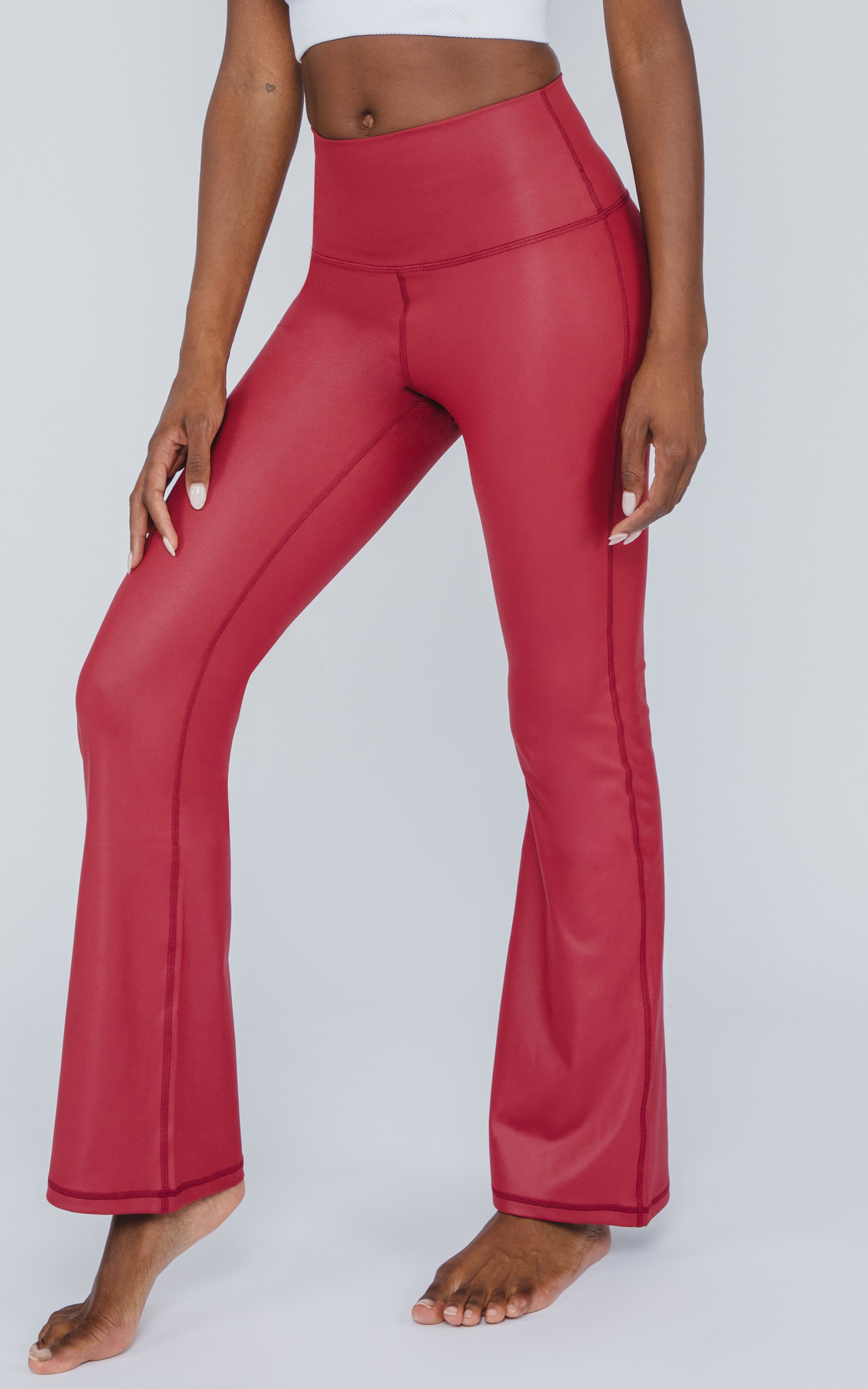 Interlink Faux Leather Elastic Free High Waist V-Back Cire Flare Leg Yoga Pant - Our Earthy Story