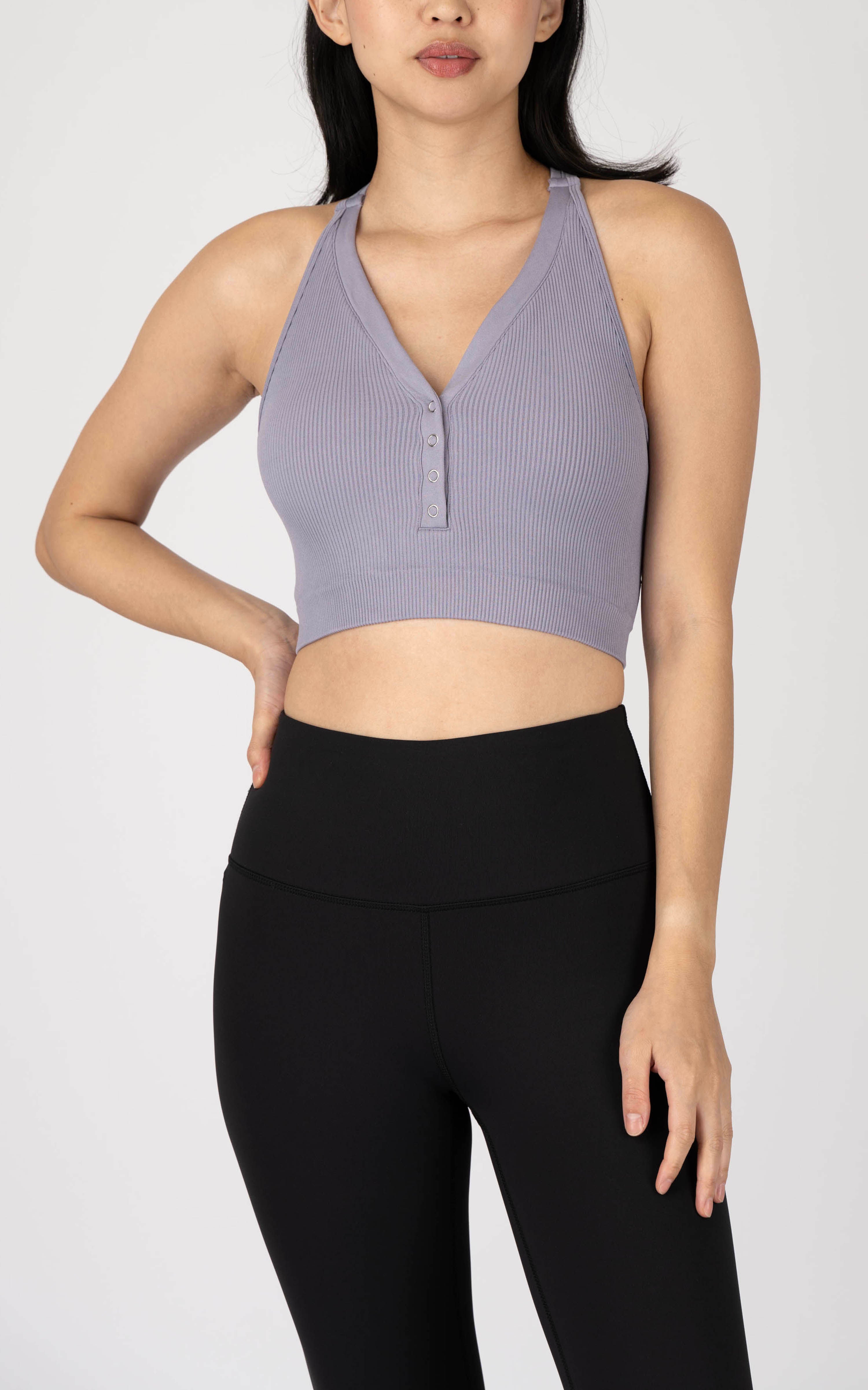 Seamless Ribbed Button Up Henley Cropped Tank Top SLY22350B 90